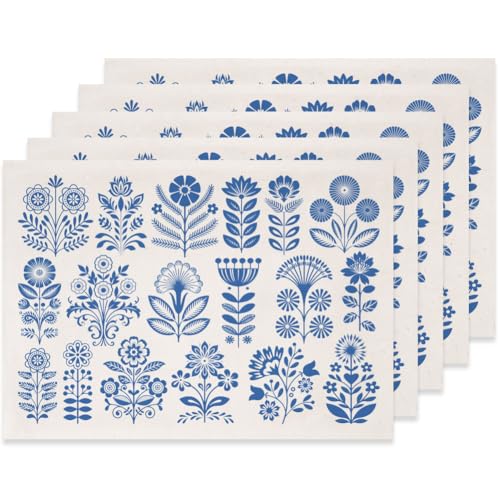 SUPERDANT 5 Pcs Underglaze Transfer Paper Blue Folk Art Flowers Ceramic Decals Floral Pottery Decals for Cups Plates Vases Beginner Handmade Studio Clay Porcelain - style: Folk Art Flowers
