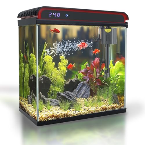 Glass 10 Gallon Fish Tank Aquarium - Smart Self-Cleaning Starter Kit with 3-Color LED Light, Ultra Quiet Pump & Filter, Temperature Monitoring for Betta Fish and Shrimp - size: 10 Gallon