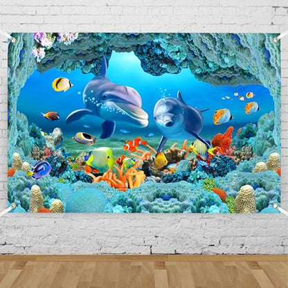 Ocean Dolphins Backdrop 8x6 FT Under the Sea Cave Photo Backdrops Underwater Corals Fish Party Decorations Background Kinds Adult Baby Shower Birthday Photo Booth Props