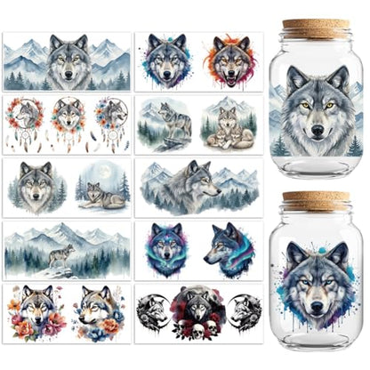 UV DTF Cup Wraps Transfer Stickers Wolves with Dreamcatchers and Mountains Pattern, 10 Sheets Waterproof Custom Transfer Sticker 16oz Coffee Glass Tumbler Bottle Mug Decals for Men Women