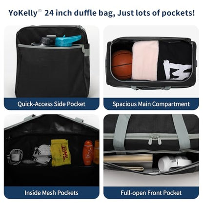 65L Gym Bag for Men, Wet Pocket, Shoe Compartment, 24 inch, Black