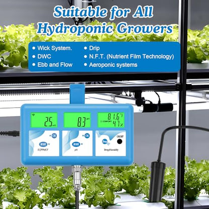 Hydroponic ppm pH Monitor, WiFi 6 in 1 pH EC Meter for Hydroponics Growing System,Continuous Monitoring pH PPM EC CF Humidity Temp of DWC Grow System Water Reservoir Tank Aeroponic Garden Aquarium - color: Blue Hydroponic Meter