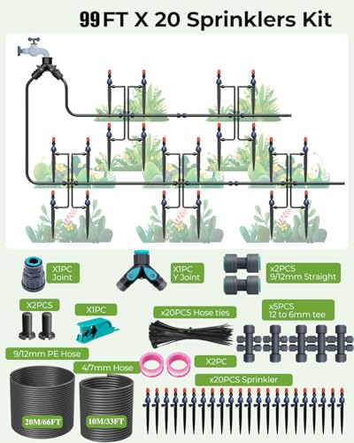 MYMULIKE Drip Irrigation System 99FT – 1/2" Main 1/4" Branch Pipe, Adjustable Drip Emitters & Misting Nozzles, Plug and Play Automatic Watering Kit for Garden, Raised Beds, Lawn, Greenhouse - size: 99FT