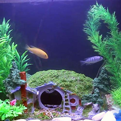 Large Aquarium Decoration Hobbit House Cave, 10.6 * 7 * 5.9 inches Resin Fish Hideout Betta Hiding Reptile Hole Shelter Snake Tank Fish Tank Ornament Rockery Landscaping