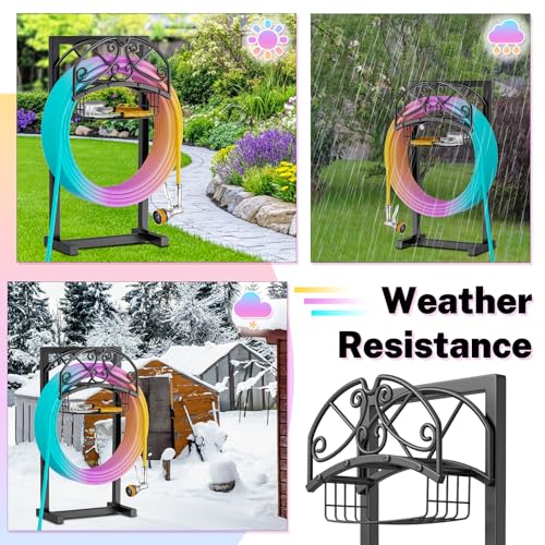 Garden Hose Holder, Metal Water Hose Holder with Storage Basket, Heavy Duty 4 Spikes Hose Hanger Holds 150 Feet Hoses, Freestanding Hose Storage Reel Rack for Outdoor Yard Lawn,Line