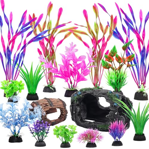 16 Pcs Aquarium Artificial Plastic Plants Decorations and Broken Barrels Set, Colorful Fish Tank Accessories Hideout Ornaments Aquarium Decor Set