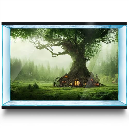 Aquarium Background Stickers - Tree Cabin Forest - Fish Tank Reptile Terrarium Decor Poster (60 x 40 cm / (23.6 x 15.7 inches)) - size: 60 x 40 cm / (23.6 x 15.7 inches)