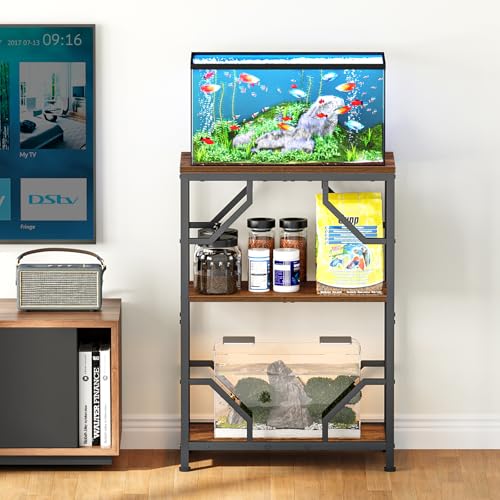 Snughome 10 Gallon Aquarium Stand, Fish Tank Stand with 3 Tier Storage, Heavy Duty Metal Terrarium Stand for Home Office, 21.26" x 11.81" x 30.51", Rustic Brown