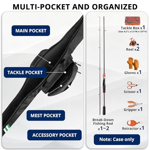 Fishing Rod Case, 52inch Fishing Pole Bag (3.9ft-4.4ft) with Tackle Pockets, Fits Break-Down Spinning, Casting Rod Reel Combo, Padded Soft Rod Bag with Strap Handle, Pole Travel Case, Green