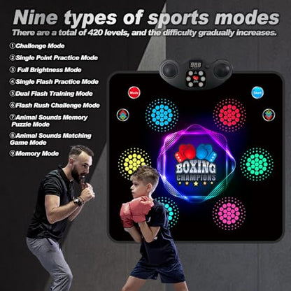 2025 Kids Musical Boxing Machine Comes with Boxing Gloves, 9 Modes, 420 Levels, 7 Lights, wall-Mounted Dual-Purpose, Memory and Reaction Training Equipment Christmas Birthday Gift for Kids