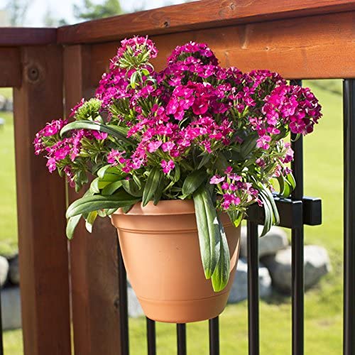 Deck Railing Plant Container Holder/Bracket Kit for Round Pot Planters (10") Connects Harmlessly to Vertical Spindled Railings - Adjustable Height - Heavy Duty Plant Hanger - size: 10"