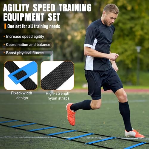 Agility Ladder, Agility Speed Training Equipment Set, 20ft Speed Ladder | 4 Hurdles, 12 Soccer Cones, Jump Rope, Running Parachute, Soccer Football Basketball Training Equipment Accessories - color: Blue