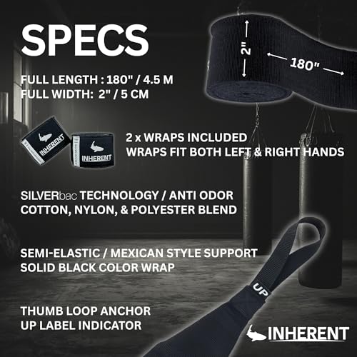INHERENT Anti-Odor Boxing Hand Wraps, 180" / 4.5 m, Semi-Elastic, Black
