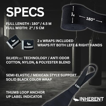 INHERENT Anti-Odor Boxing Hand Wraps, 180" / 4.5 m, Semi-Elastic, Black