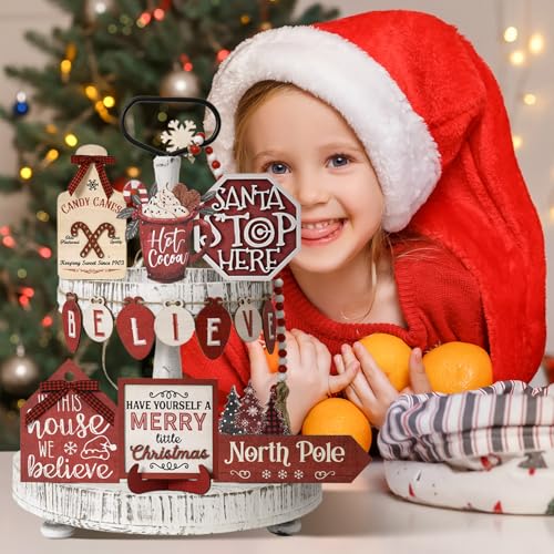 Smile Christmas Indoor Decoration, Tiered Tray Decor Set Wooden Centerpiece, We Believe Tabletop Wooden Decoration for Xmas Home - style: Christmas Rustic