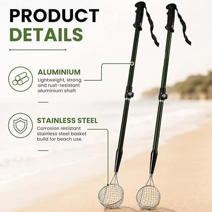 VOS Sand Sifter 2-Pack | Adjustable Handle 21"–33" | Stainless Steel Beach Scoop for Seashells, Shark Teeth & Sea Glass | Lightweight Aluminium, Rust-Resistant – Black