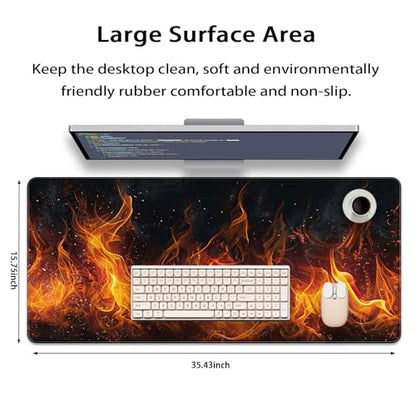 35.4 x 15.7 in, XXL Large Mouse Pad for Desk, Extended Keyboard Mouse Mat for Computer Office, Big Mousepad with Stitched Edges, Gaming Pc-Flame on Black - color: Flame on Black