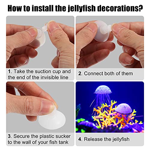 VOCOSTE Fish Tank Jellyfish Decoration, Silicone Fluorescent Jellyfish Glow Ornaments Aquarium Decor with Suction Cup, Blue, 2.3"x5.9"