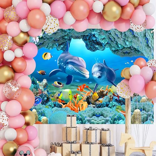Ocean Dolphins Backdrop 8x6 FT Under the Sea Cave Photo Backdrops Underwater Corals Fish Party Decorations Background Kinds Adult Baby Shower Birthday Photo Booth Props