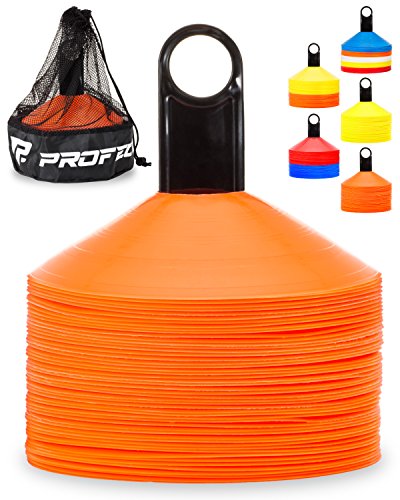 Pro Disc Cones (Set of 50) - Agility Soccer Cones with Carry Bag and Holder for Sports Training, Football, Basketball, Coaching, Practice Equipment, Kids - Includes 15 Best Cone Drills Book - color: Bright Orange