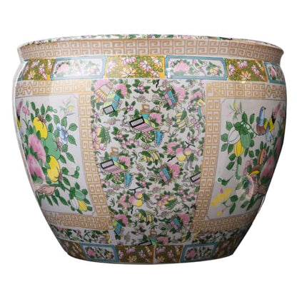 Large Porcelain Floral Rose Medallion Fishbowl Cachepot Planter