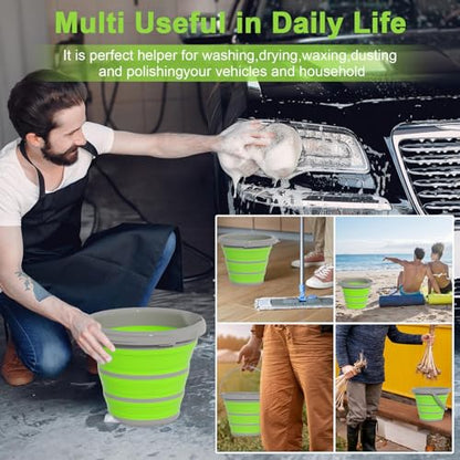 Collapsible Car Wash Bucket with Microfiber Mitt, 10L (2.6 Gallon) Portable Water Buckets with Handle for Car Wash Household Cleaning, Multiuse Collapsible Water Buckett and Car wash mitt - Green