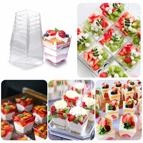 50 Pack Dessert Cups with Spoons, 5oz Plastic Yogurt Parfait Cups, Mini Square Dessert Cups with Spoons, Transparent Dessert Shooter Cups for Pudding, Mousse, Fruit, Dessert and Ice Cream