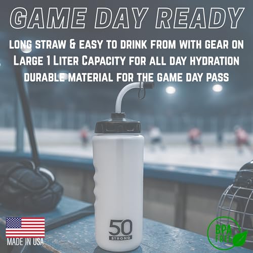50 Strong | Hockey & Lacrosse Water Bottle with Straw, 1 Liter - size: 1 Pack