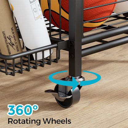 Sports Equipment Storage Rack with Wheels, 3-Tier Ball Organizer - size: 31" Wide