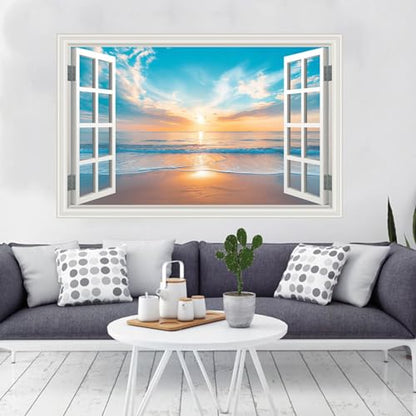 Fake Window Wall Sticker Summer Sunset Seascape Ocean Beach Faux Window Poster Decal Picture Open Wall Art Decor, Stick and Peel Landscape Natural Scenery Canvas Scene Mural,16"x24"