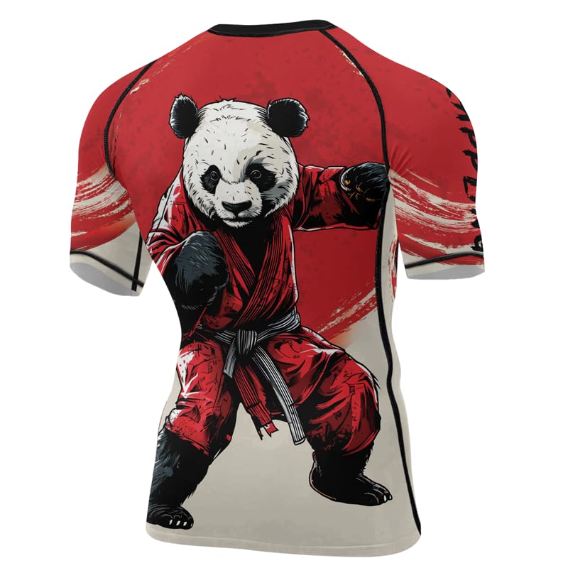 Panda Fighter Men's Short Sleeve Compression Rash Guard MMA Jiu Jitsu BJJ Grappling Base Layer Combat Shirt - color: V1, size: Large