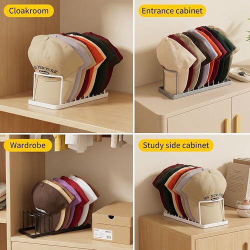 Hat Organizer for Baseball Caps - 4 Pack Hat Stand Holds 40 Caps | Heavy Duyt Metal Hat Rack, Space Saving Hat Holder, No Assembly Required for Tabletop, Closet, Desk Preserves Hat Shape - color: Black 4 Pack