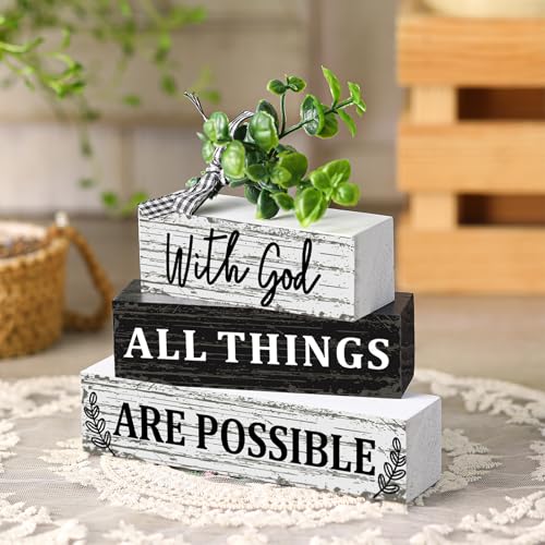 4 Pcs Farmhouse Wooden Tabletop Decor Christian Tiered Tray Decor Eucalyptus Leaves Wooden Block Sign Gift Summer Home Centerpiece Table Decoration - style: Christian