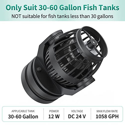 Uniclife Aquarium Wave Maker for 30-60 Gallon Fish Tanks 1058 GPH Adjustable Circulation Pump with Controller and Strong Magnetic Suction Base Submersible Power Head for Fresh and Salty Water - size: 30-60 Gallon
