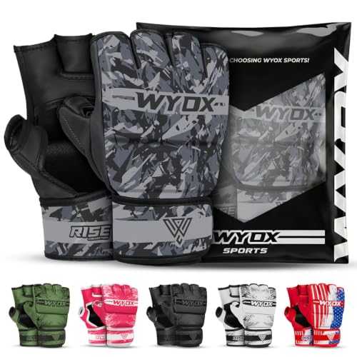 WYOX MMA Gloves for Men & Women – Open Palm MMA Sparring Gloves with Multi-Layer Knuckle & Thumb Padding, Wrist Support, Fingerless Punching Bag Gloves for Grappling, Kickboxing, Muay Thai & Training - color: Grey Camo, size: S/M (5.9 - 8.2 inch)