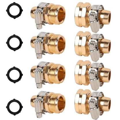 4 Sets Garden Hose Repair Connector with Clamps, Aluminum Water Hose End Replacement Fit for 3/4" and 5/8" Garden Hose Fittings - color: 4 Sets - Brass