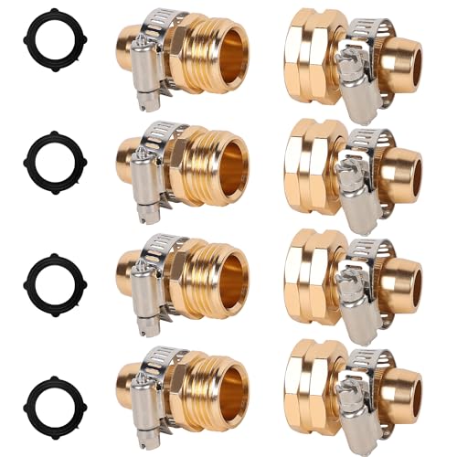 4 Sets Garden Hose Repair Connector with Clamps, Aluminum Water Hose End Replacement Fit for 3/4" and 5/8" Garden Hose Fittings - color: 4 Sets - Brass