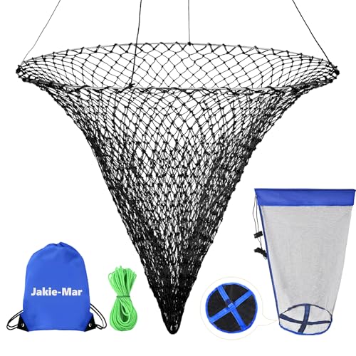 Foldable Drop and Pier Fishing Net, Portable Bridge Net, Foldable Crab Net Bait Shrimp Net with Foldable Bucket Soft Steel Hoop and 32FT Rope Storage Bag