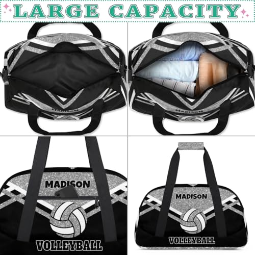 Custom Name Sports Volleyball Duffel Bag, Silver Black Glitters | Personalized Sport Gym Duffel Cheerleading Bag Travel Weekender Tote Carry-On Bag - color: Silver Black