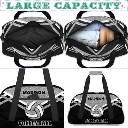 Custom Name Sports Volleyball Duffel Bag, Silver Black Glitters | Personalized Sport Gym Duffel Cheerleading Bag Travel Weekender Tote Carry-On Bag - color: Silver Black