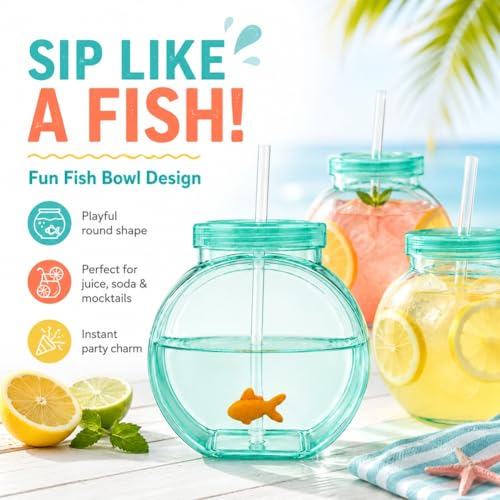 Fish Bowl Tumbler with Straw,Plastic Fish Bowl Cups with Lids and Straw Drinking Purse Bottles Glasses Fishing Decorations Tumblers Wimming Fun Gulp All Summer Big Capacity - color: 5PCS
