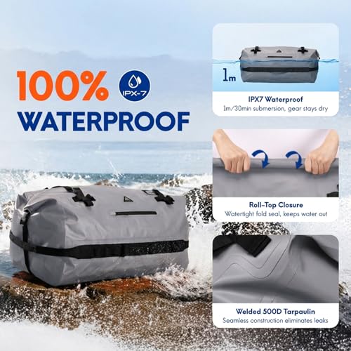 Haimont IPX7 Waterproof Roll-Top Dry Duffel Backpack Bag - color: Light Gray, size: 60L