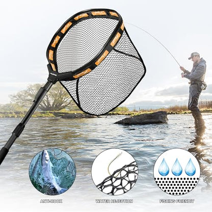 PLUSINNO Fishing Net Fish Floating Landing Net, Kayak Nets with Fixed Foldable Telescopic Pole Handle, Bass Trout Fishing Nets with Nylon Mesh for Pond Lake River, Fishing Gear Gifts for Men Anglers