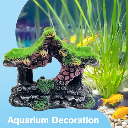 Resin Hollow Hideout House for Aquarium Decoration Fish Tank Accessories Betta Cave with Lifelike Moss for Shrimp Fish Shelter - style: Pavilion