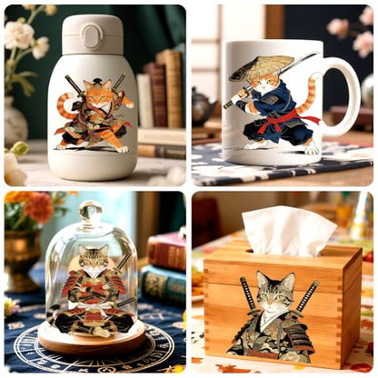 Peacoblue 18 Sheets Rub on Transfers for Crafts, Samurai Cat 3.6"x3.9" UV DTF Cup Wraps Waterproof Cold Transfers Stickers for Wood Glass Metal Cup Tumblers Mirrors Mugs Home Decor - style: Samurai Cat