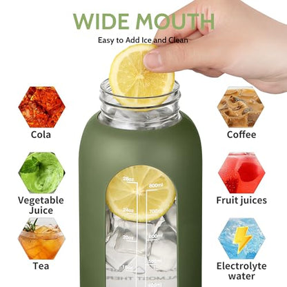 CIVAGO 64 oz Glass Water Bottle Jug with Detachable Straw and Time Maker - color: .Sage, size: 64 Ounces