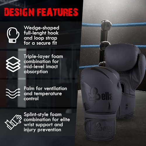 Bella Boxing Gloves - Pro Training & Sparring Gloves, Maya Hide Leather, Men Women Adult, Muay Thai MMA Kickboxing Workout, Heavy Punching Bag & Focus Mitts, Multi Layer Padding, Ventilated Palm - color: Black, size: 10oz
