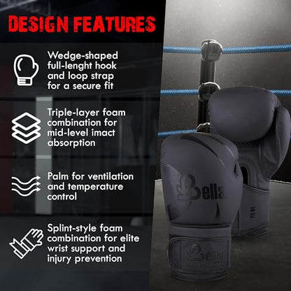 Bella Boxing Gloves - Pro Training & Sparring Gloves, Maya Hide Leather, Men Women Adult, Muay Thai MMA Kickboxing Workout, Heavy Punching Bag & Focus Mitts, Multi Layer Padding, Ventilated Palm - color: Black, size: 12oz