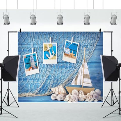 Blue Wooden Wall Nautical Backdrop Photography Sailing Adventure Rudder Seashell Sailing Wheel Helm Fishing Net Starfish Photo Backdrop Summer Nautical Party Baby Shower Birthday Background Decoration
