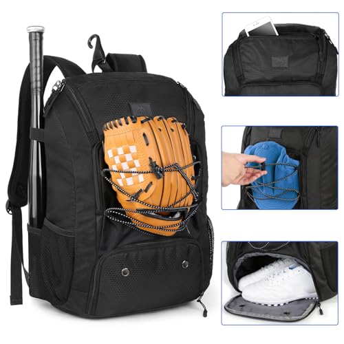 MATEIN Youth Baseball Backpack, Softball Bat Bag with Shoes Compartment | Lightweight Baseball Bag for Boys and Adult, Fence Hook Hold TBall Bat, Batting Mitten, Helmet, Caps, Teeball Gear Equipment - color: Black, size: 47L